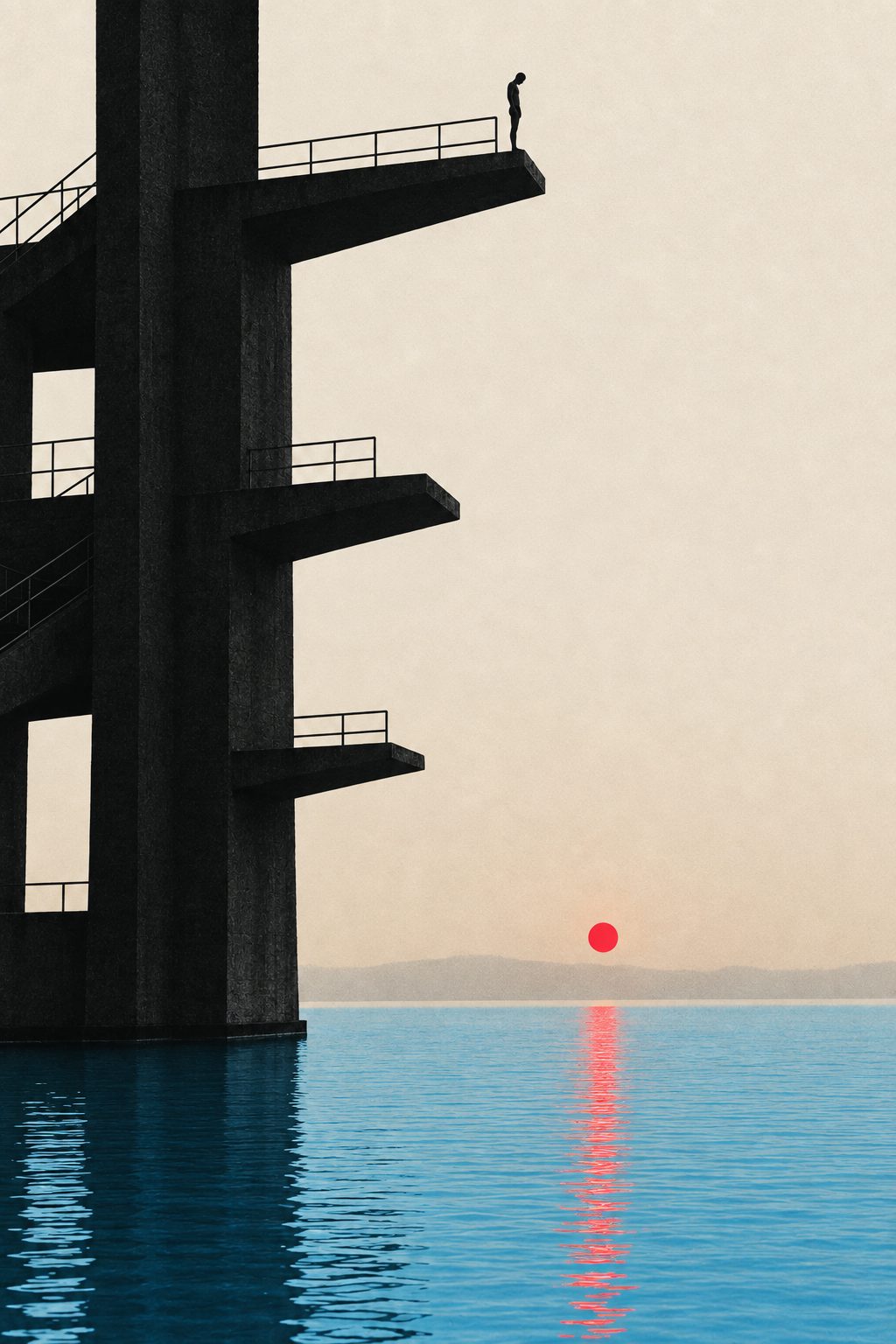 Sprungturm aus Beton im Morgenlicht, eine kleine Figur am Rand der Plattform – Motiv Biografie (KI-generiert)