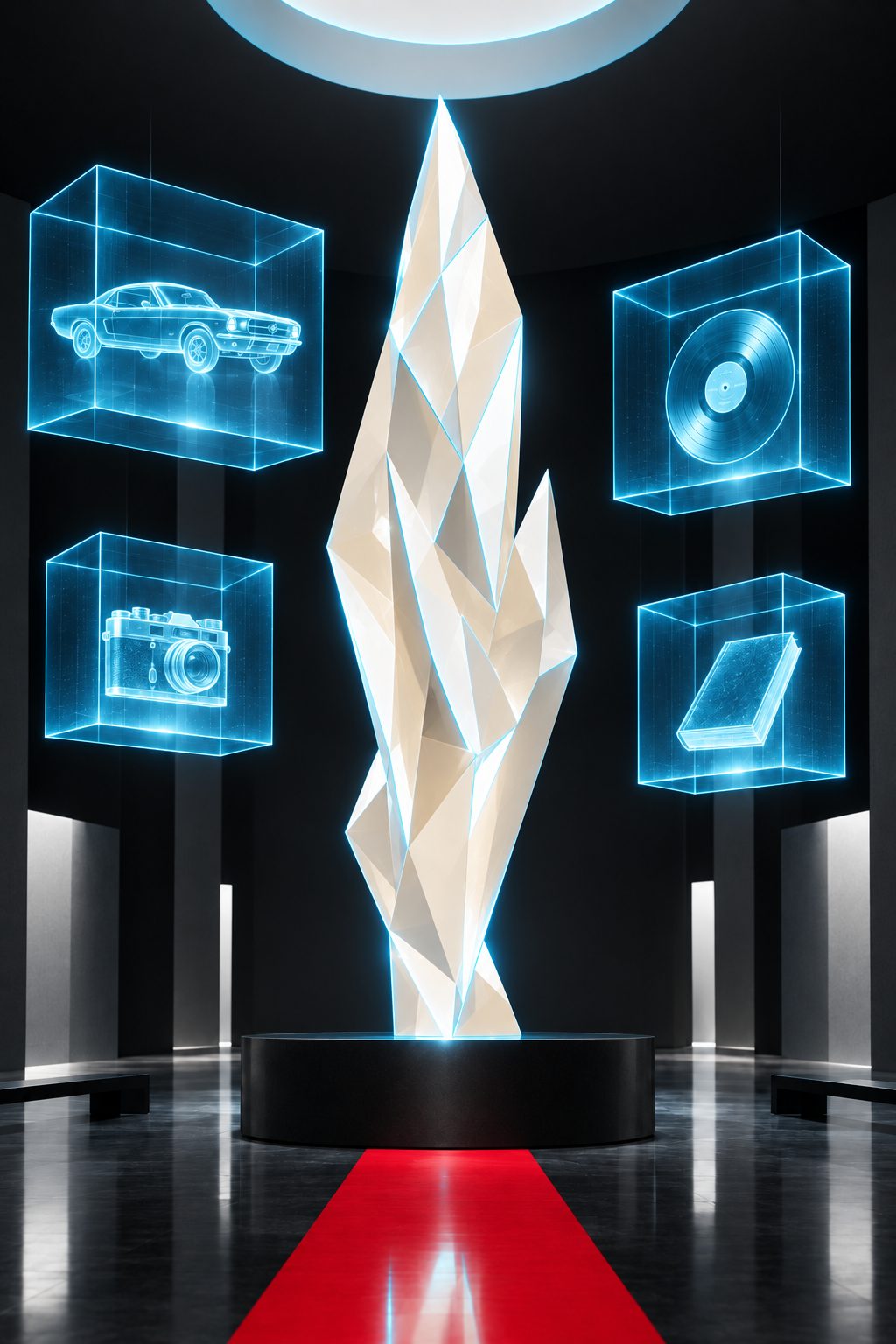 Weiße Porzellanskulptur in einem dunklen Museum der Erinnerung – Motiv CultAWARD (KI-generiert)