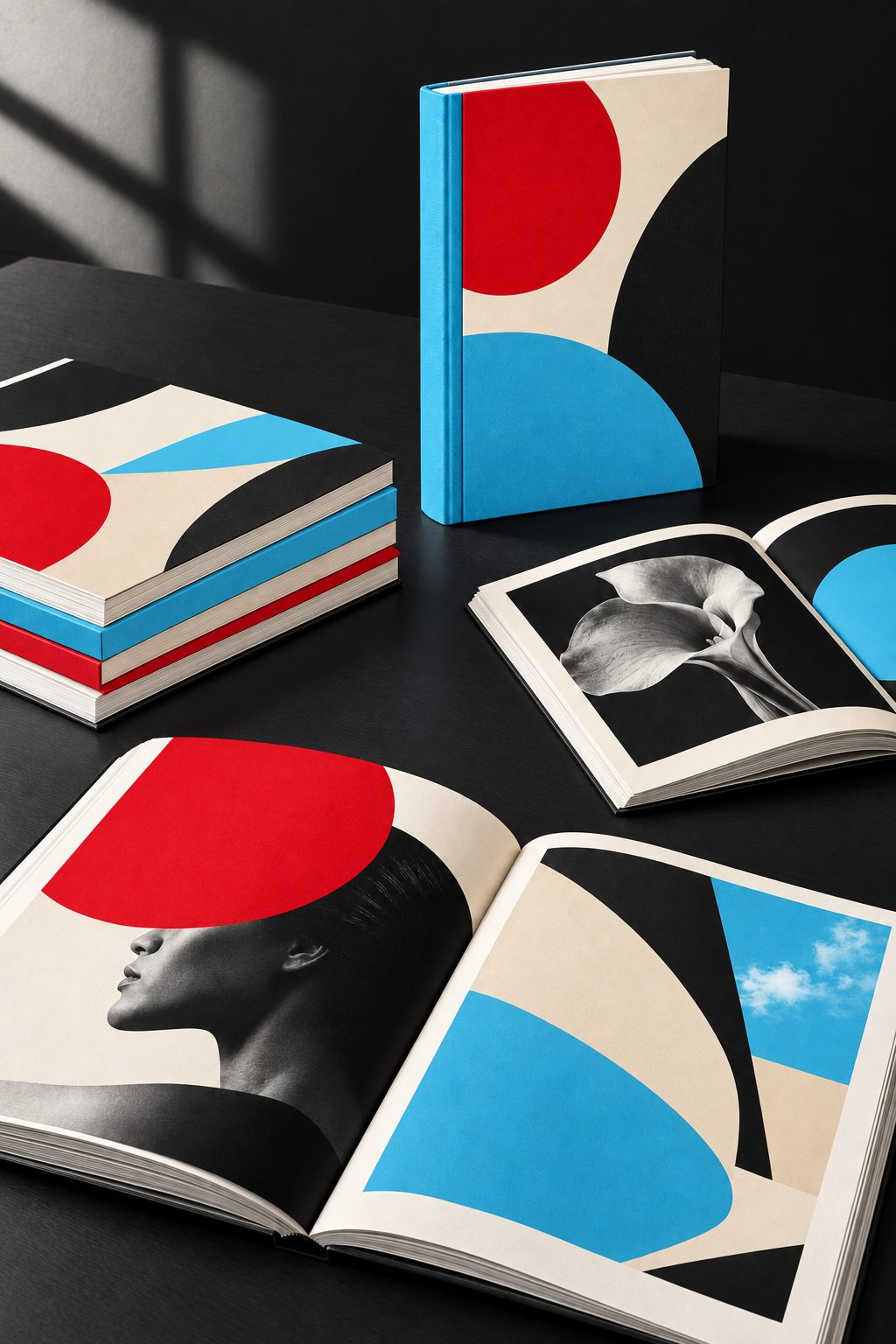 Gestaltete Bücher und Magazine in Rot, Blau und Creme (KI-generiert)