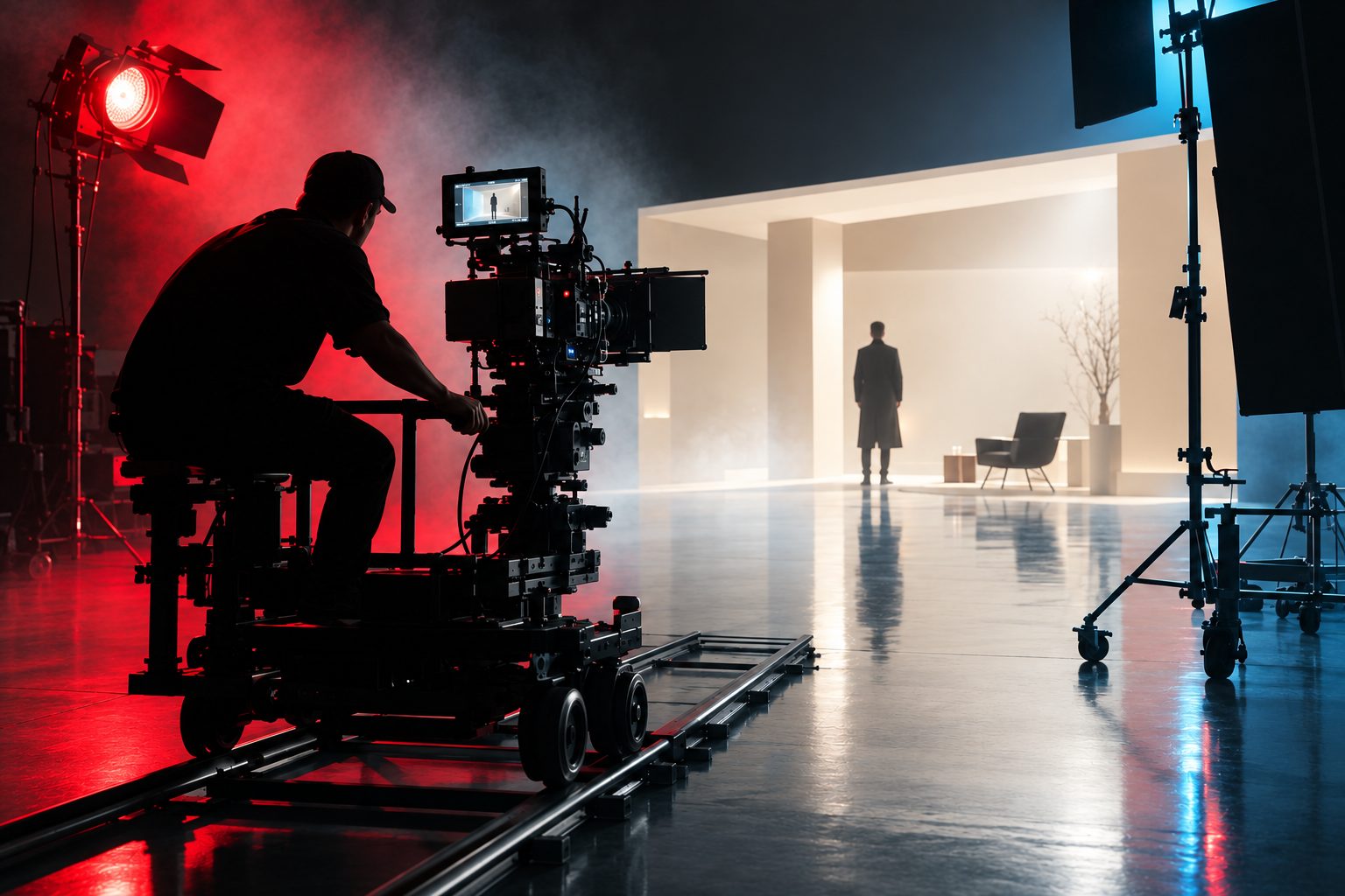 Kinokamera auf Dolly im Filmstudio mit rotem Licht (KI-generiert)