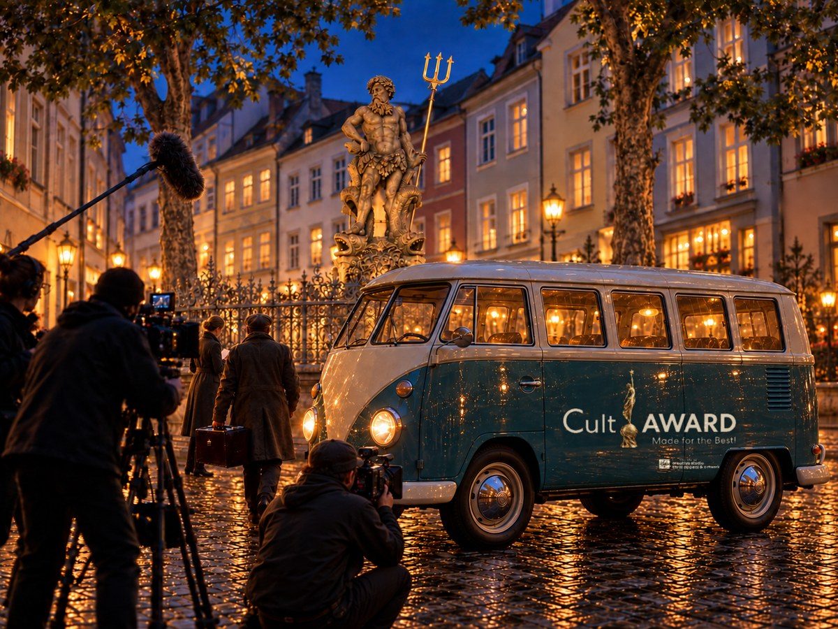 Der CultAWARD-Bulli mit Filmteam am Abend vor dem Gabelmann in Bamberg