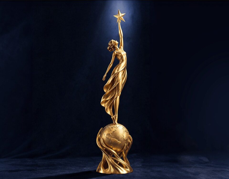 Die CultAWARD-Trophäe: eine goldene Frau auf der Weltkugel greift nach einem Stern