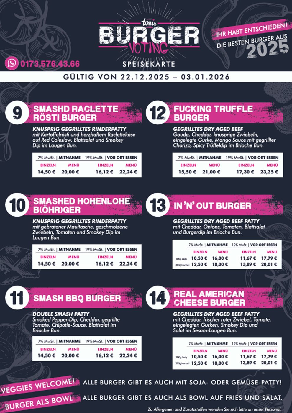 Burger-Voting 2025 von tonis EATERY: Stimmkarte mit allen Burgern