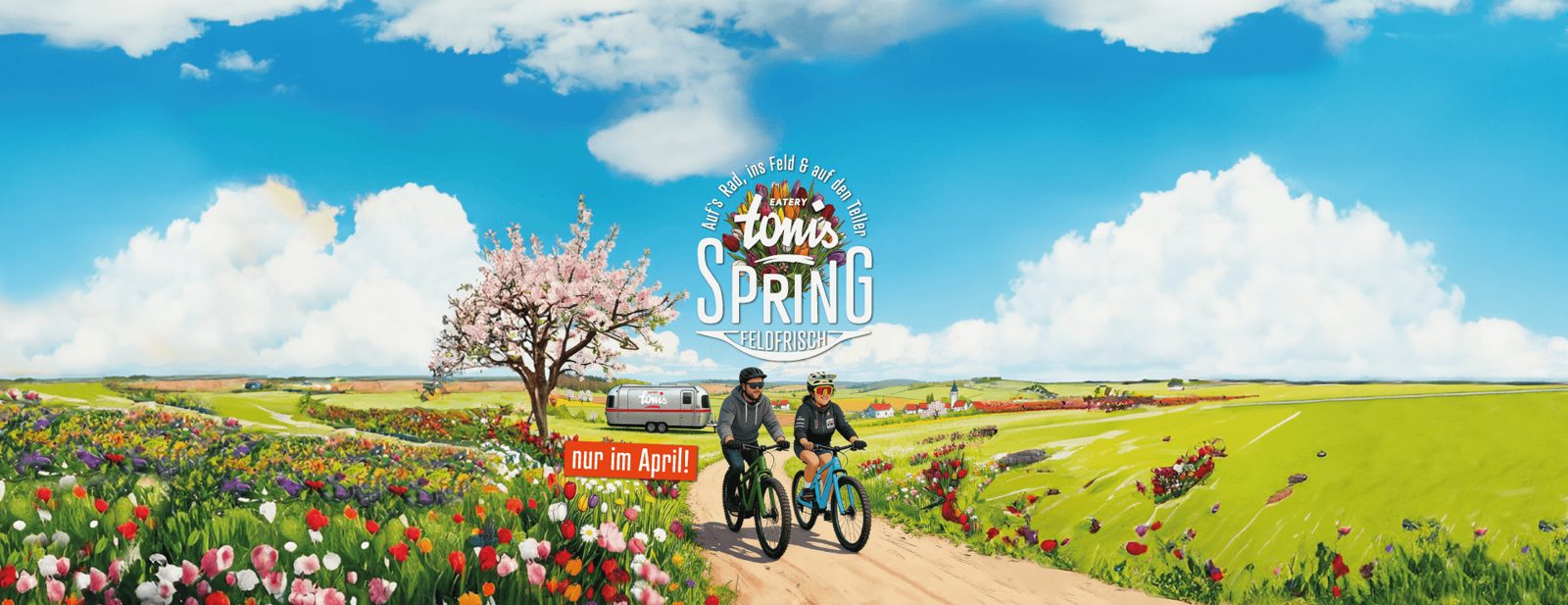 Monatsmotiv April 2026 von tonis EATERY: Frühlingslandschaft mit Logo „Spring“