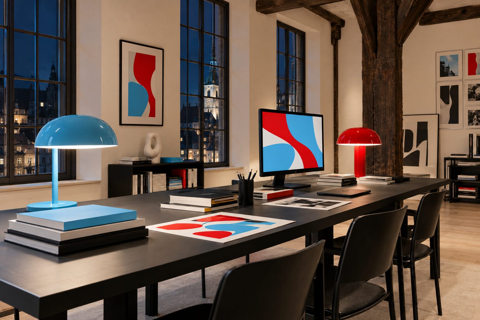 Kreativstudio in einem Altbau bei Nacht mit langem Arbeitstisch (KI-generiert)